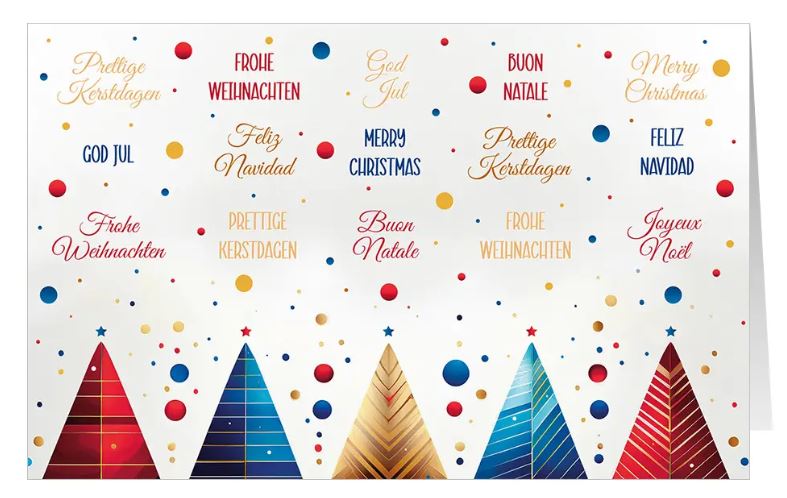 Charity-Weihnachtskarte, mehrsprachig "Buon Natale" mit bunten Tannenbäumen und gutem Zweck: Ärzte ohne Grenzen
