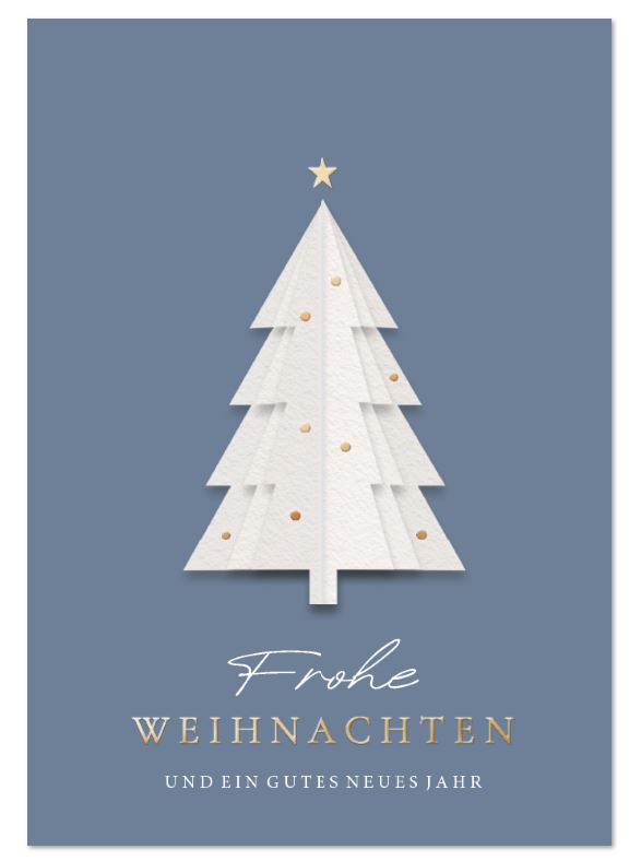 Moderne Weihnachtskarte „Silent Night“ in Taubenblau mit weißem Weihnachtsbaum und Gruß
