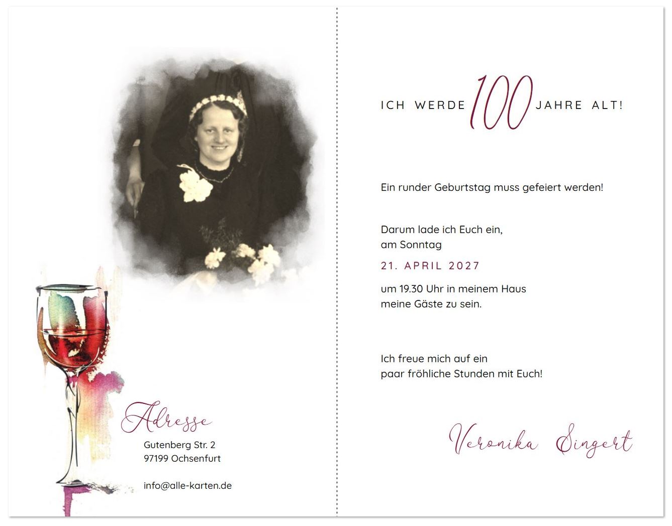 Stilvolle Einladungskarte zum 100. Geburtstag mit Rotwein-Glas im Aquarellstil mit Beispiel Fotodruck