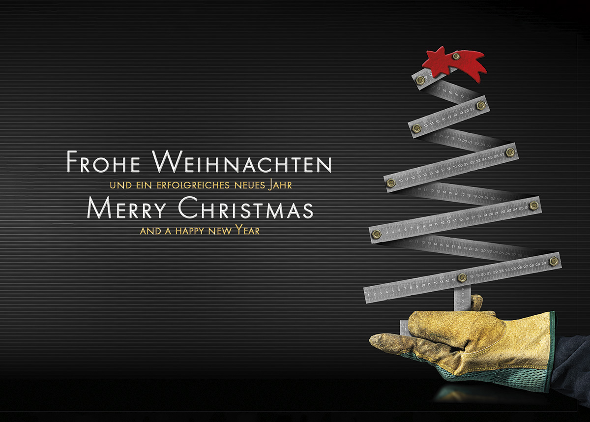 Weihnachtskarte passend für Baubetriebe, Gartenbau und sonstige Handwerksbetriebe, Gruß deutsch-englisch