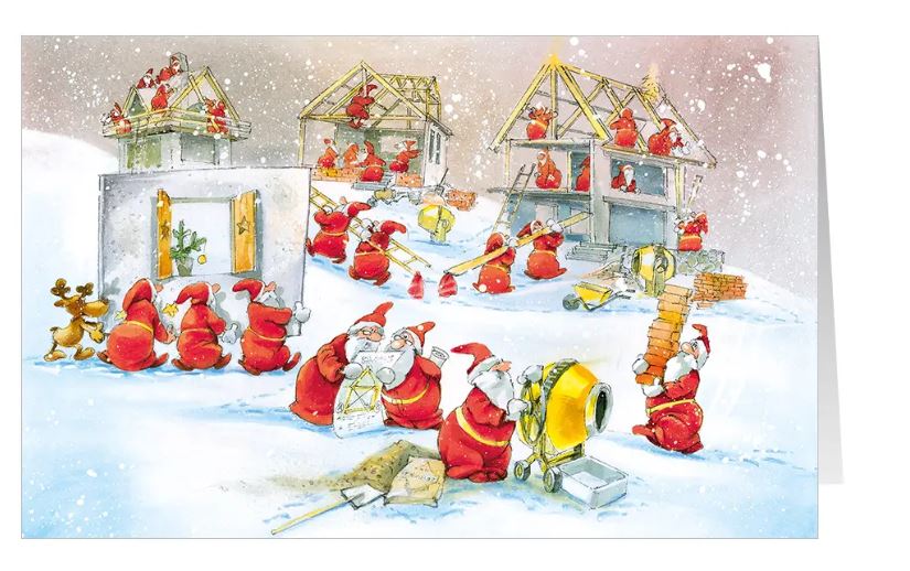Detailreiche Weihnachtskarte "Frohe Bauzeit" für Bauunternehmen, Handwerksbetriebe, Wohnungsbau