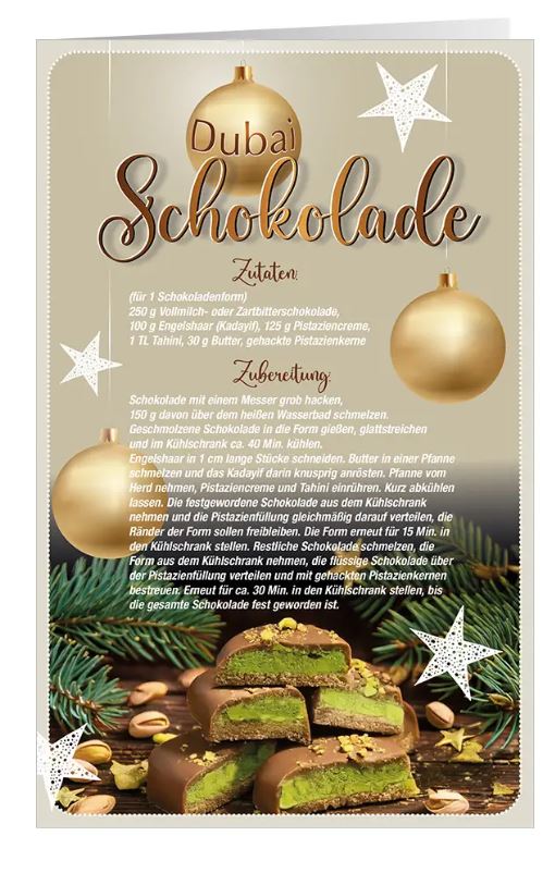 Rezept-Weihnachtskarte "Exotischer Genuss" mit Zutaten und Zubereitung für Dubai Schokolade