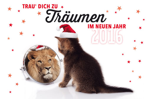 Lustige Festtagskarte mit Katzenbaby und Löwe Tierkarte für 2016