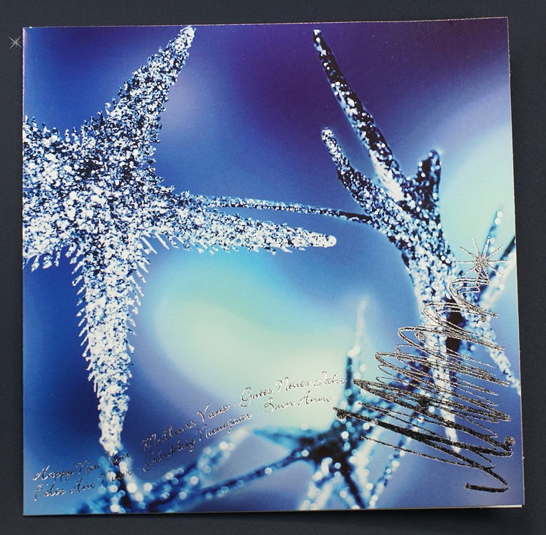 Festtagskarte quadratisch mit Sternen und Weihnachtsbaum silber