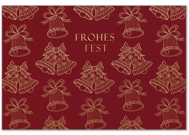 Klassische Weihnachtskarte in Weinrot "Glockenzauber" mit FROHES FEST und edler Goldfolienprägung