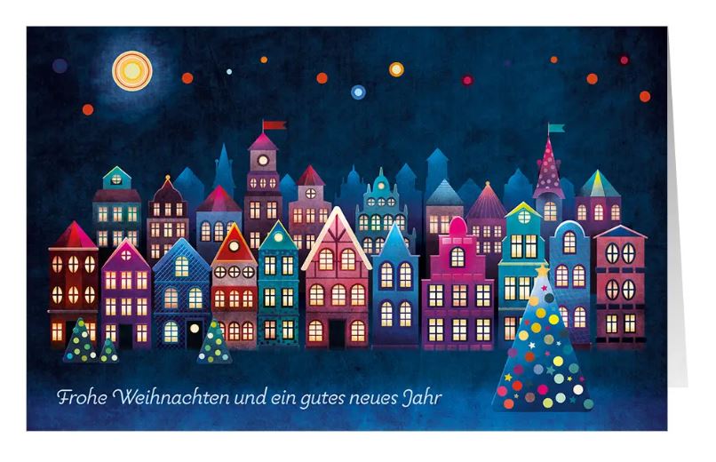 Stimmungsvolle Spendenweihnachtskarte "Lichterstadt" mit Häusern und Gutem Zweck: Ärzte ohne Grenzen