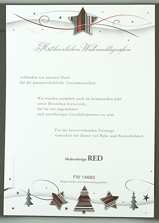 Weihnachtsbrief rot / grau mit Sternen und Weihnachtsbäumen