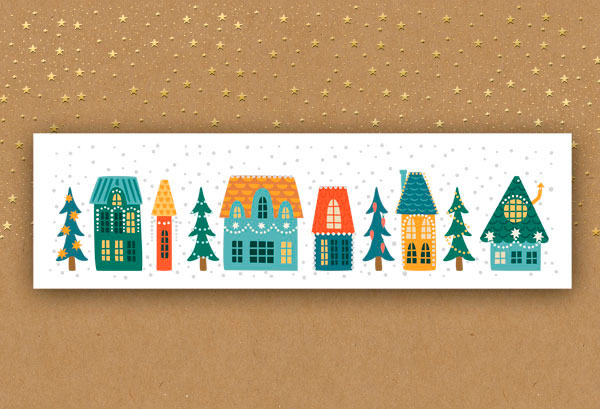 Farbenfrohe Spenden-Weihnachtskarte mit eingestecktem Lesezeichen für Deutsches Kinderhilfswerk