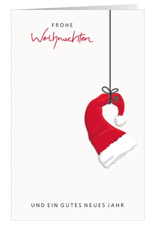 Lustige Weihnachtskarte "Rote Zipfelmütze" in weiß mit Weihnachtsgruß und Gutem Zweck: Ärzte ohne Grenzen
