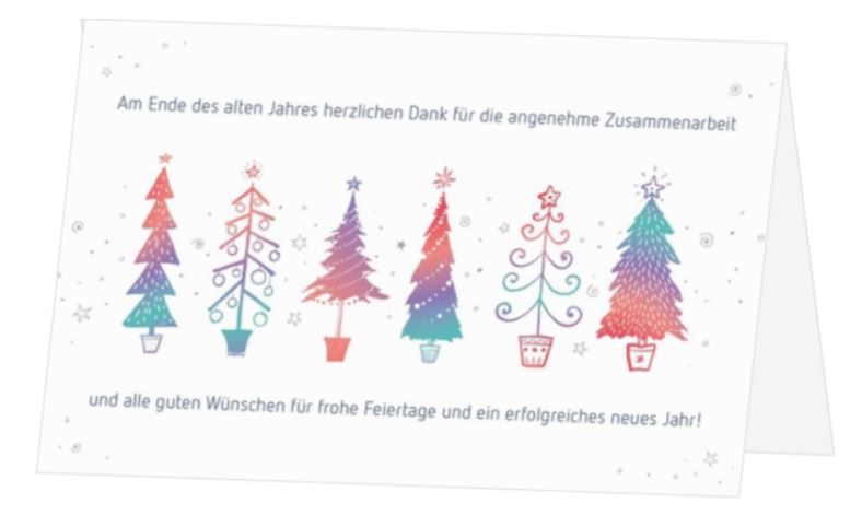 Firmenspenden-Weihnachtskarte mit bunten Bäumen und geschäftlichen Grüßen zugunsten der DKMS