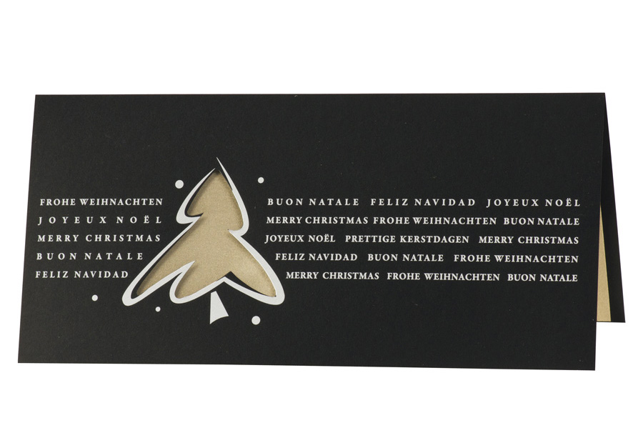 Weihnachtskarte schwarz mit Weihnachtsbaum Einleger altgold