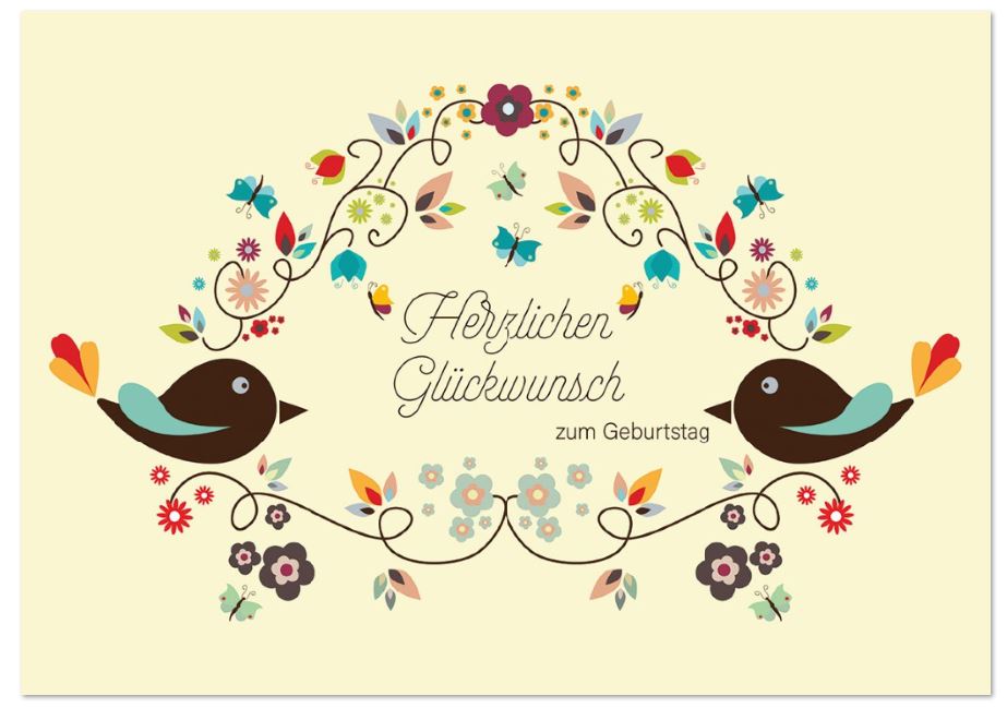 Geburtstagsgrußkarte "Vogelzauber" mit filigranem Blumenkranz und Glückwünschen im liebevollen Design