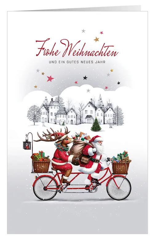 Fröhliche Weihnachtskarte "Gemeinsame Tandemfahrt" mit Weihnachtsmann, Rentier und Weihnachtsgruß