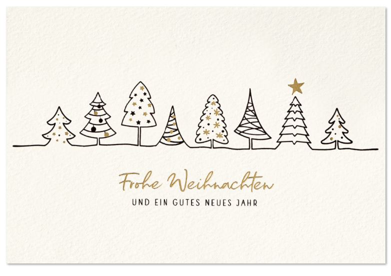 Weiße Grußkarte mit weihnachtlichen Bäumen und Gruß "Frohe Weihnachten und ein gutes neues Jahr"