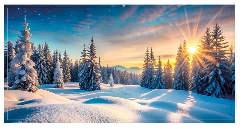 Stimmungsvolle Naturlandschaftskarte mit verschneiter Winterlandschaft bei Sonnenuntergang, DIN lang