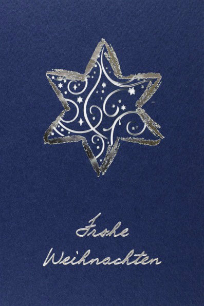Weihnachtskarte nachtblau mit filigraner Stanzung und Silberfolienprägung Frohe Weihnachten