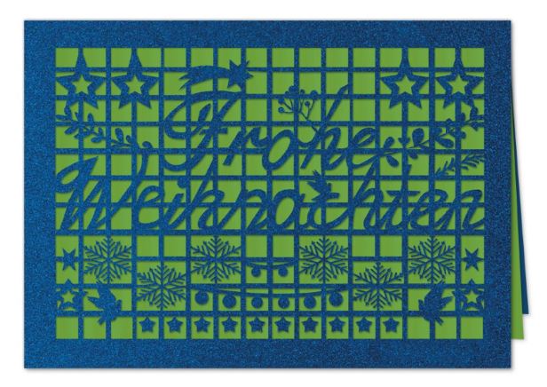 Weihnachts-Klappkarte „Filigranes Festtagsgitter“ in Blau-Metallic mit und detailreicher Stanzung und Einleger in gruen