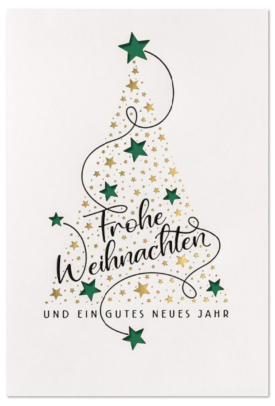 Spendenweihnachtskarte in weiß mit Laserstanzung von Sternen für die Kinder-Not-Hilfe, Einleger dunkelgrün