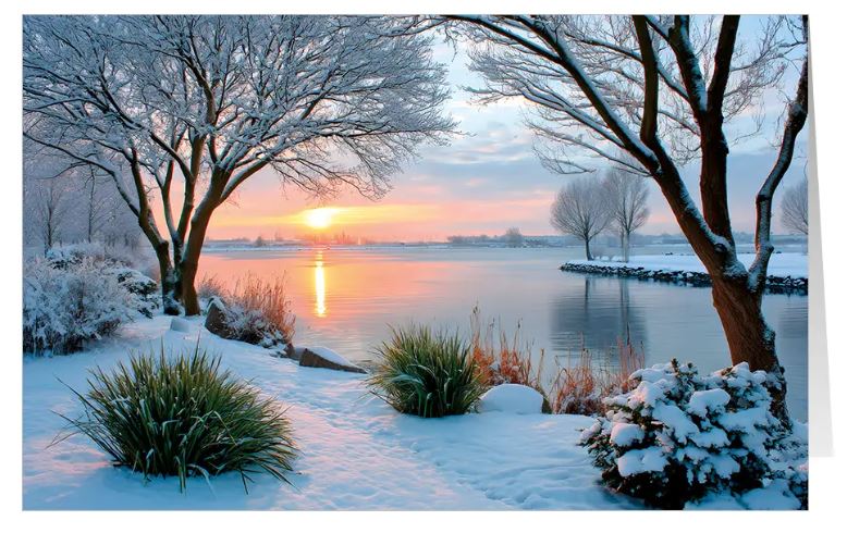 Winterlandschaftskarte "Verschneite Uferidylle" mit stimmungsvoller Naturkulisse bei Sonnenuntergang