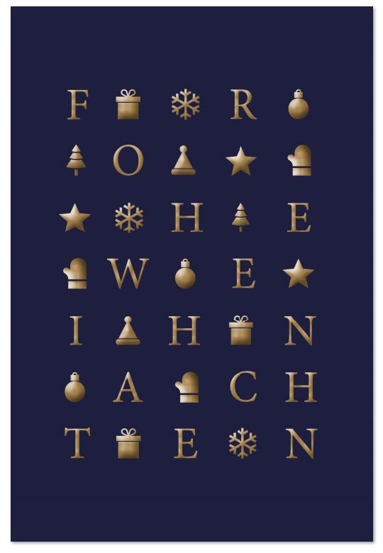 Elegante Weihnachtskarte "Goldenes Buchstabengitter" mit Weihnachtsgruß und weihnachtlichen Symbolen