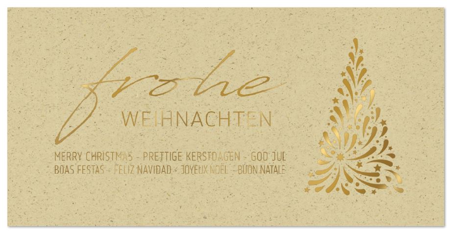 Naturbraune Weihnachtskarte mit internationalen Grüßen und Weihnachtsbaum in Goldprägung, inkl. Einlegeblatt