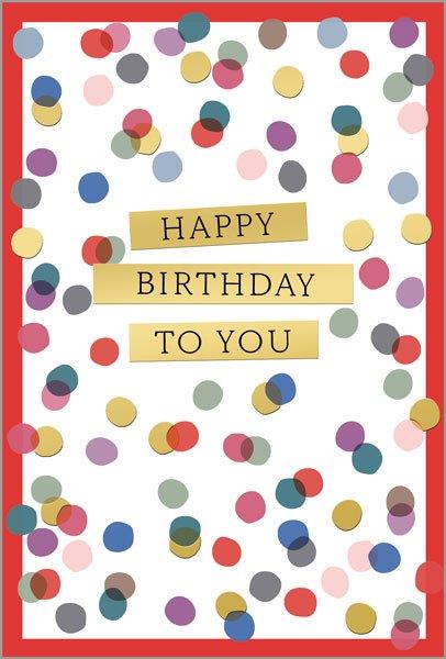 Geburtstagsgrußkarte "Konfetti-Glanz" im fröhlichen Design mit bunten Punkten und roten Rahmen