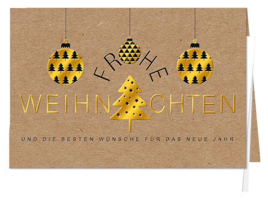 Naturbraune Weihnachtskarte "Festliche Tage" mit Weihnachtskugeln und Tannenbaum in Folienprägung inkl. Einleger