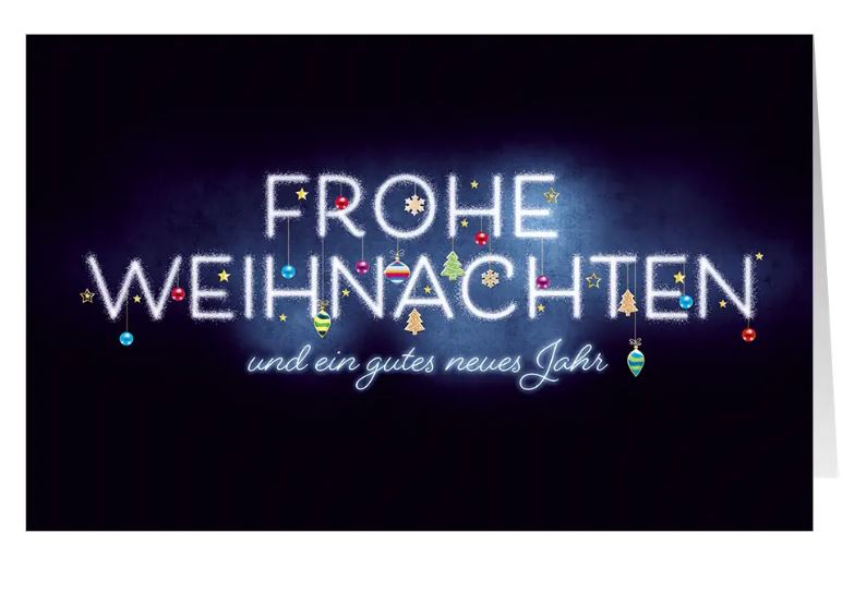 Weihnachtliche Spendenkarte "Festtagsleuchten" für Ärzte ohne Grenzen mit bunten Kugeln und Gruß