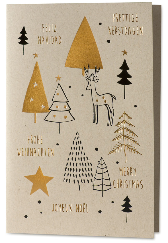 Weihnachtskarte Kraftkarton mit verschiedenen Symbolen in schwarz und gold