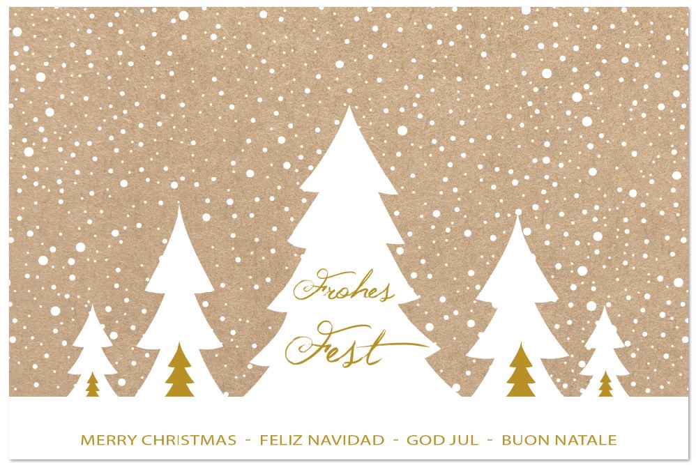 Internationale Weihnachtsgrußkarte mit Tannenbäunen und Schneeflocken sowie "Frohes Fest" in gold