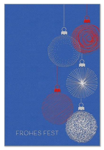 Moderne Weihnachtskarte "Kugelglanz" in Blau mit FROHES FEST und hängenden Weihnachtskugeln