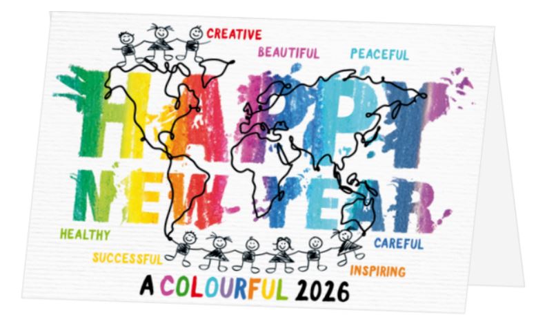 Farbenfrohe Spenden-Neujahrskarte "A Colourful 2026" für War Child mit positiver Botschaft für das neue Jahr