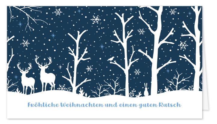 Stimmungsvolle Weihnachtskarte "Zauberhafte Märchennacht" in blau und weiß als preisgünstige Kleinformat-Grußkarte