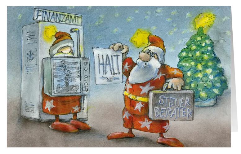 Comic-Branchenweihnachtskarte "Finanzieller Einhalt" für Steuerberater und Finanzbuchhaltung im humorvollen Design