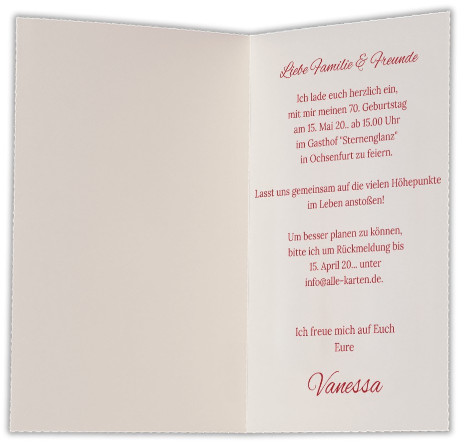 Festliche Einladungskarte zum 70. Geburtstag in weinrot, mit Sektgläsern und asymmetrischem Einlegeblatt.