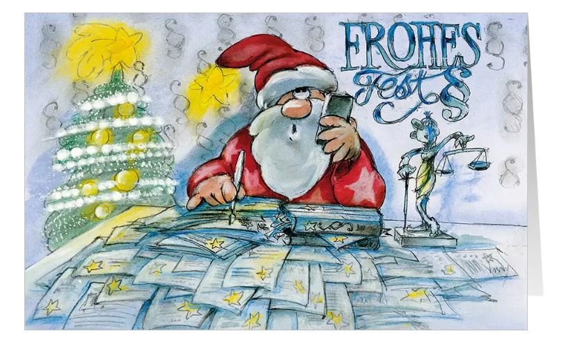 Spaßige Weihnachtskarte "Justitia und Santa" für Rechtsanwalt, Notar, Gericht, Kanzleien, Inkassounternehmen