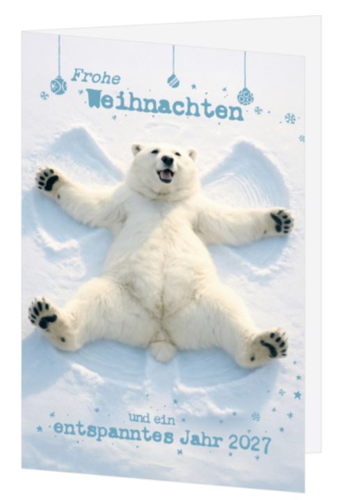 Humorvolle Spendenweihnachtskarte "Bärenstark" mit Eisbär im Schnee und gutem Zweck: Berggorilla & Regenwald Direkthilfe e.V.