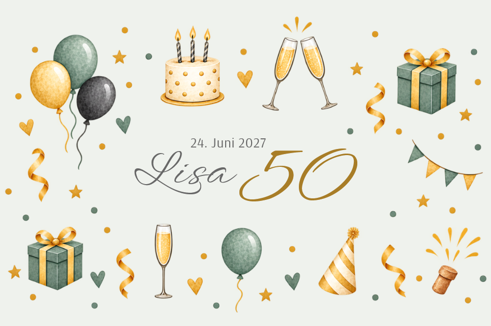 Einladungskarte zum 50. Geburtstag mit stilvollen Party-Icons als Klappkarte mit eigenem Fotodruck auf der Innenseite