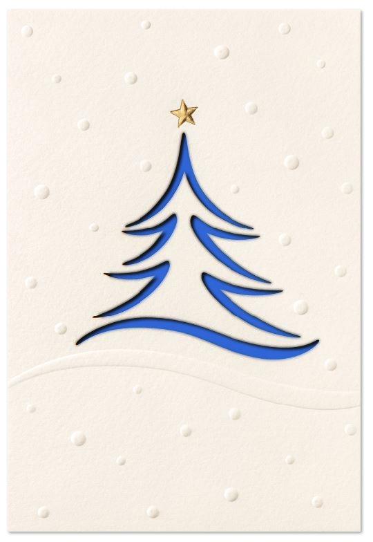 Edle Laser-Weihnachtskarte in weiß mit Blind- und Goldfolienprägung sowie gelastertem Baum, Einleger blau