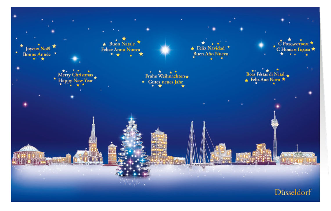 Weihnachtskarte mit internationalen Grüßen aus Düsseldorf Städtekarte
