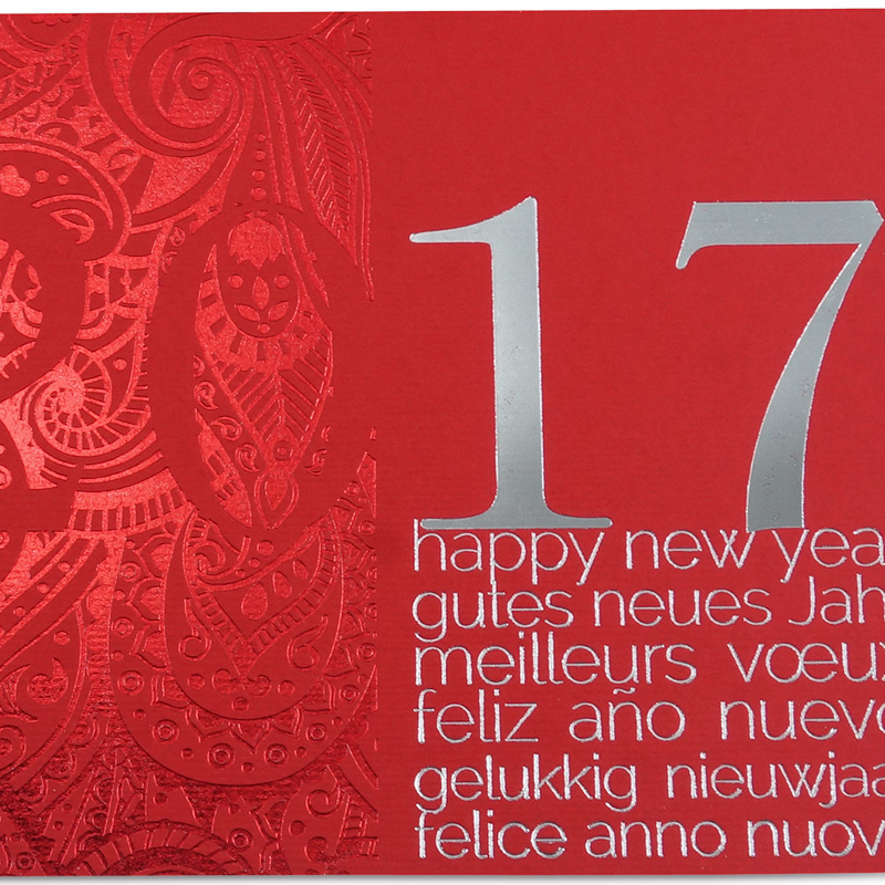 Neujahrskarte rot mit rotem Ornament international mit silberner Jahreszahl 2017