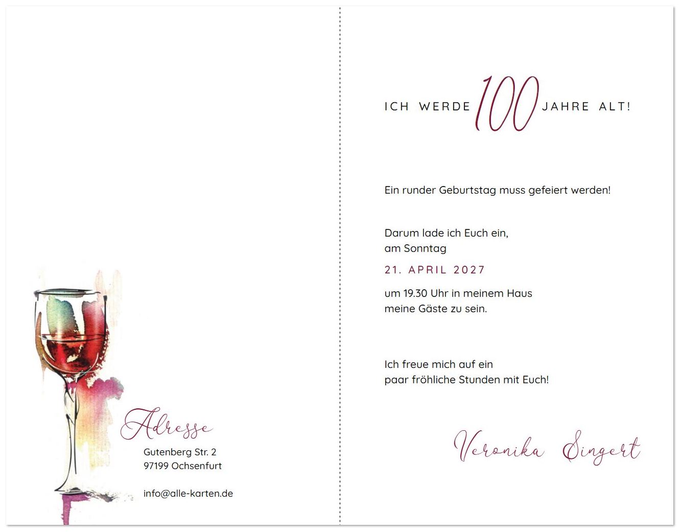 Stilvolle Einladungskarte zum 100. Geburtstag mit Rotwein-Glas im Aquarellstil