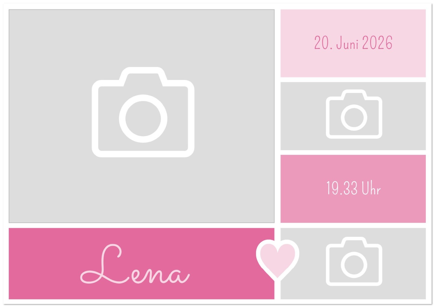 Personalisierbare Geburt-Anzeigekarte mit eigenen Fotos individuell zu gestalten. Beispiel in Farbschema rosa - pink