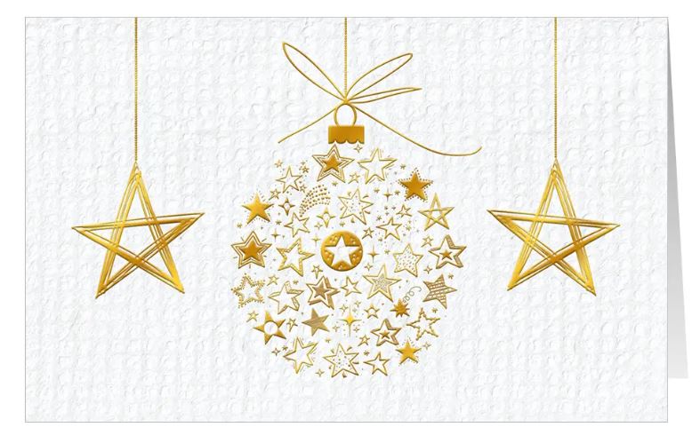Weiße Weihnachtskarte "Goldener Sternenzauber" mit Folienprägung von Weihnachtskugeln und Sternen