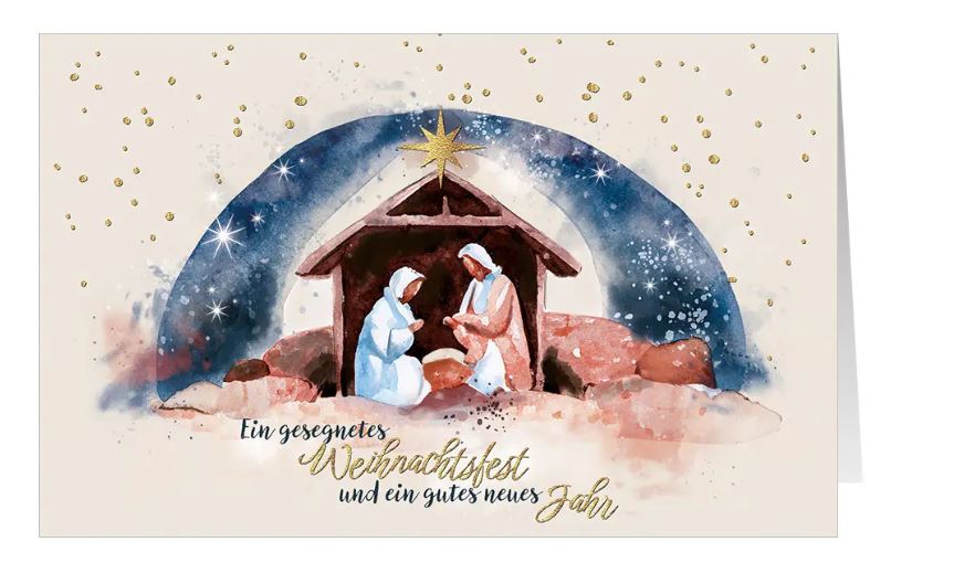 Christliche Weihnachtskarte "Stille Nacht" mit Maria und Josef mit dem Jesuskind im Stall von Betlehem