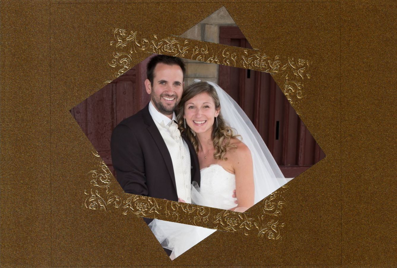 Hochzeit Foto-Einladungskarte aus hochwertigem, bronzefarbenem Metallic-Karton mit Relief-Ornamentprägung