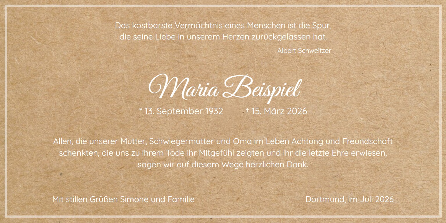 Dezente Trauerdankkarte im warmen Erdton im klassischen DIN lang Format