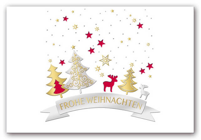 Weihnachtskarte in weiss mit rotem Einlegeblatt und Stanzung von Sternen, Rentier und Bäumen