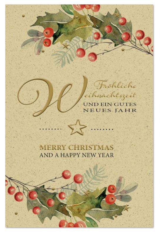 Deutsch-englischsprachige Weihnachtskarte mit floraler Verzierung und Goldfolienprägung, inkl. Einleger innen