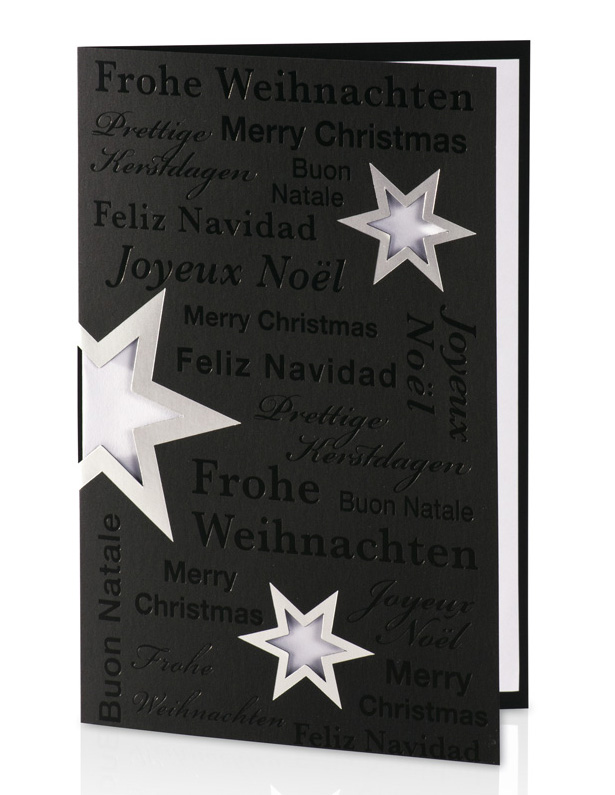 Weihnachtskarte schwarz mit silbernen Sternen - Einleger weiß